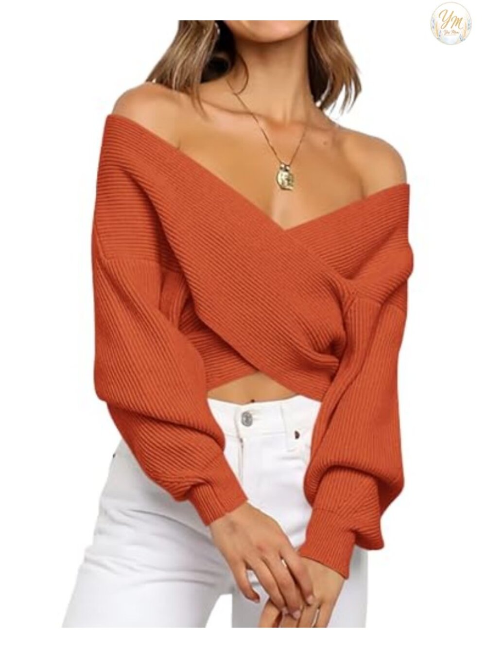 Off Shoulder Lantern Sleeve Ribbed Knit Cropped Wrap Sweater